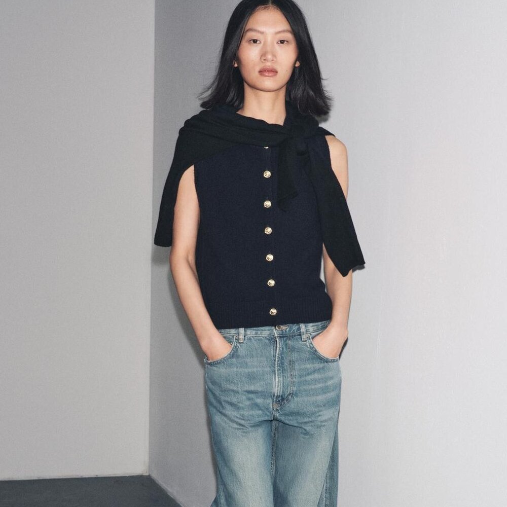 Zara 100% Wool Navy Vest Gold Buttons | RWS Certified | Size L Winter Basics NWT